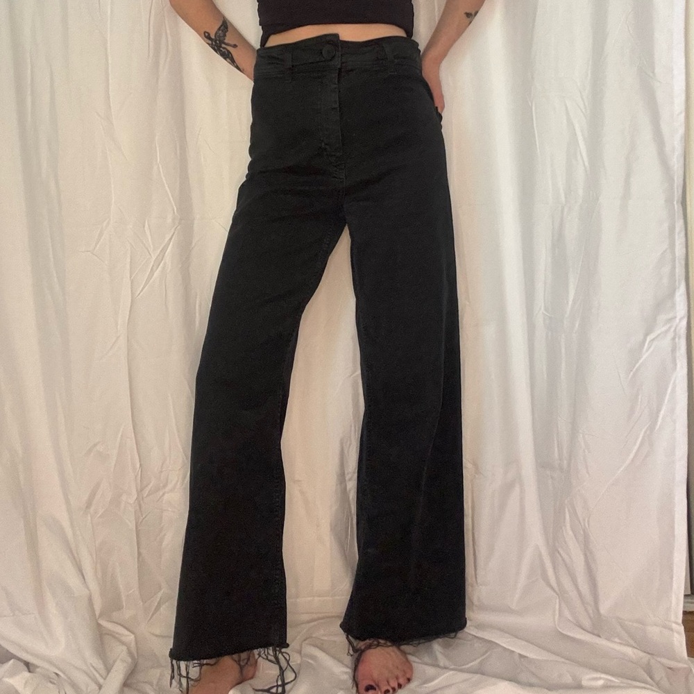 Women's Black Wide-Leg Frayed Hem Jeans